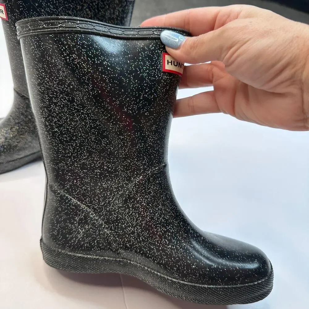 Hunter Black Glitter Rubber Rain Boots